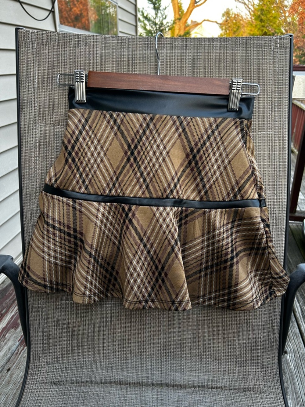 Plaid Flared Mini Skirt with Black Faux Leather Trim - Brown Plaid